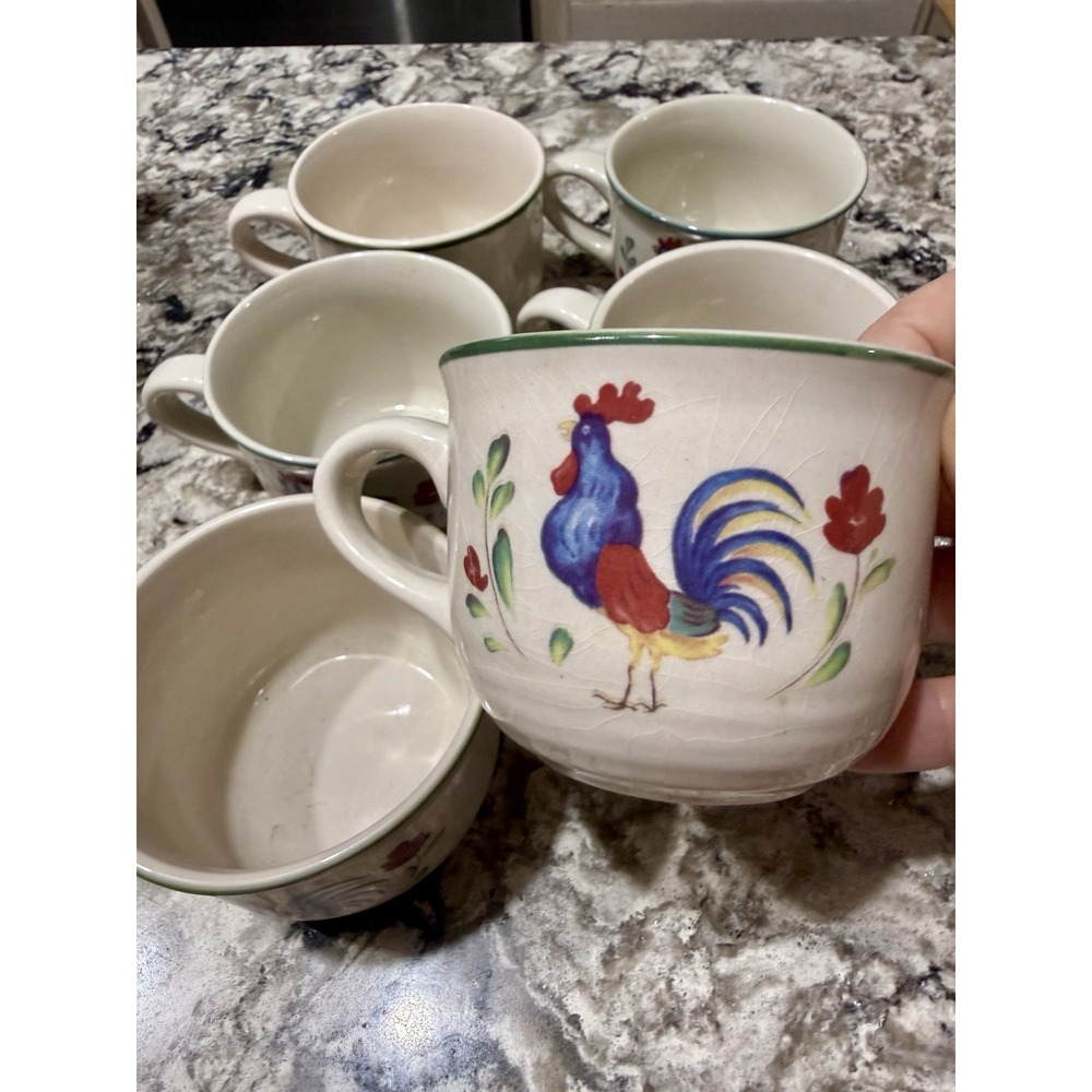 6 Vtg International Tableworks Stoneware Rooster Cups French Country Cottagecore